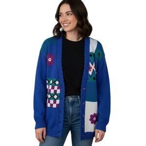 Vtg Cynthia J Sweater Women 1X 80-90s Granny Cardigan Knit Patchwork Cottagecore